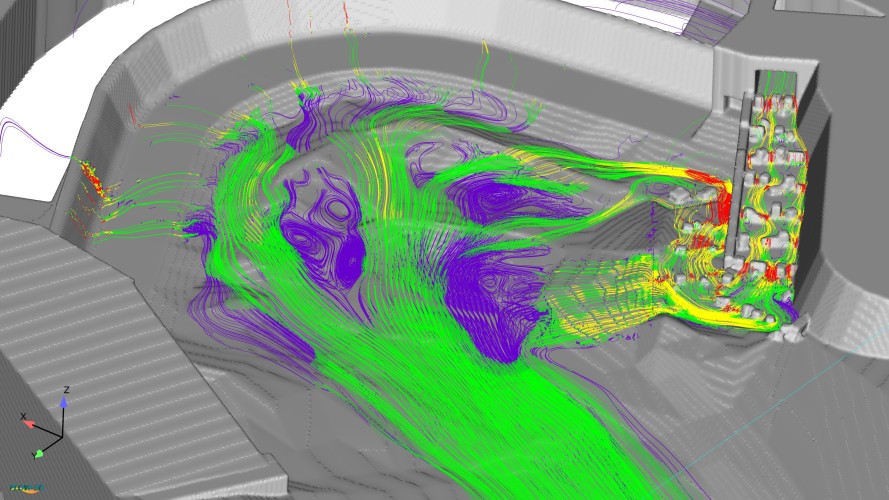 Dreidimensionale hydrodynamisch-numerische Strömungssimulation eines Bogenwehres mit seitlicher Fischaufstiegsanlage