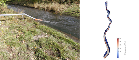 Multiparametersonde links, Simulation Sohlschubspannung rechts